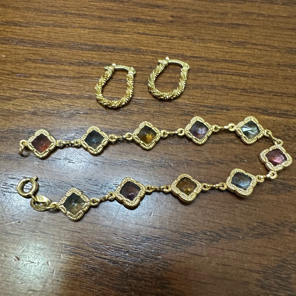 Cracco 18k Gold Plated Gemstone Link Bracelet with Earrings